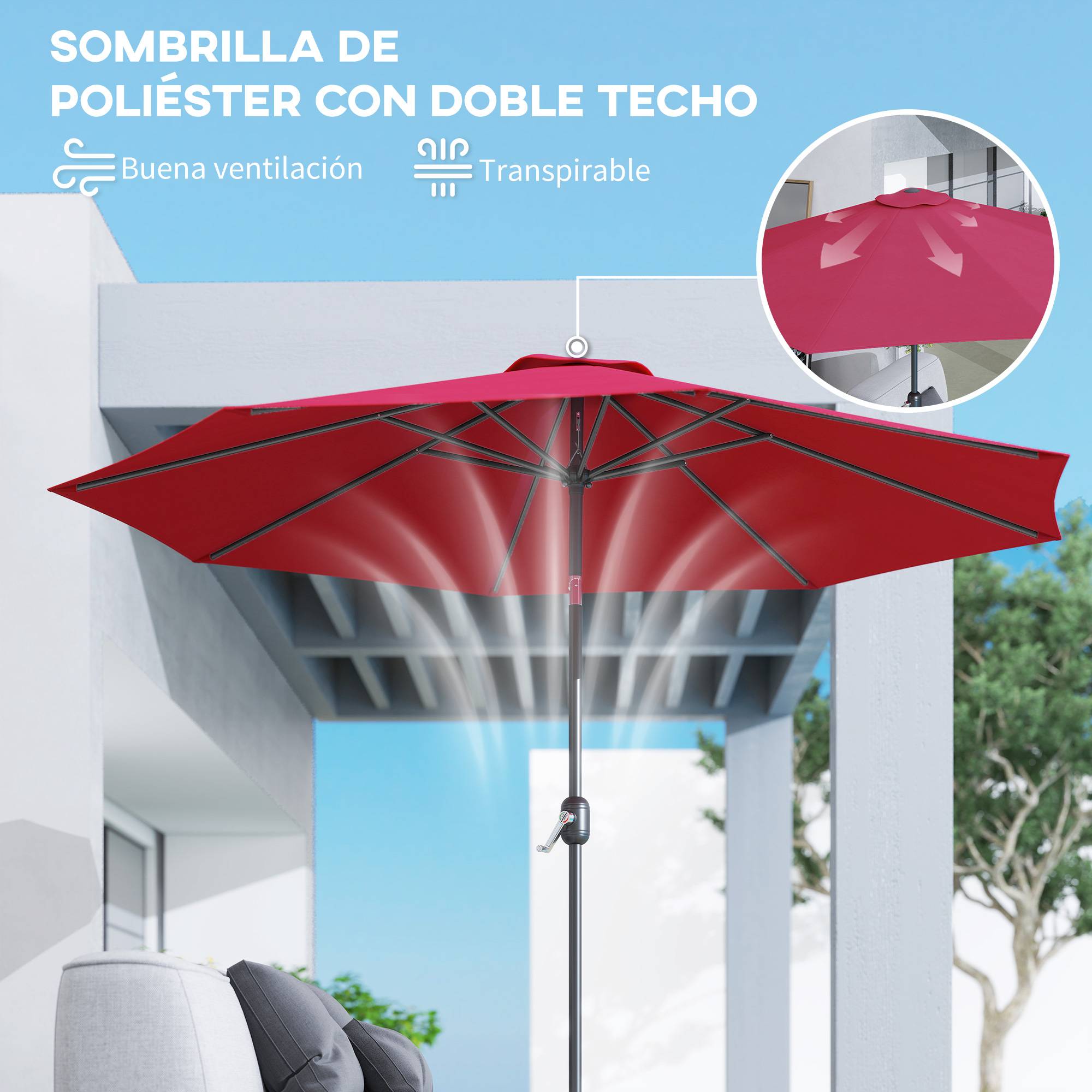 Parasol jardin Ø295x250 cm, manivelle, inclinable, mât métallique amovible, terrasse piscine patio, rouge bordeaux - Image 10