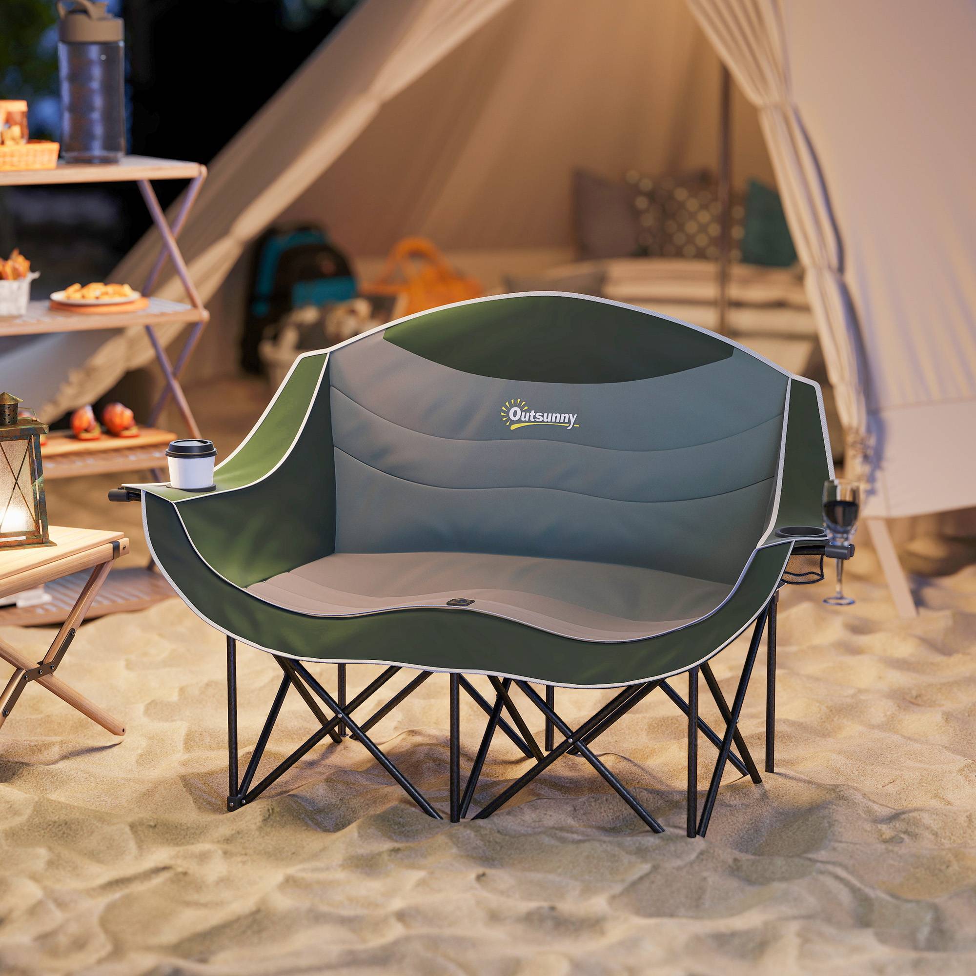 Chaise camping 2 places avec porte-gobelet et sac de transport, charge 250 kg, fauteuil double extérieur verte - Image 3