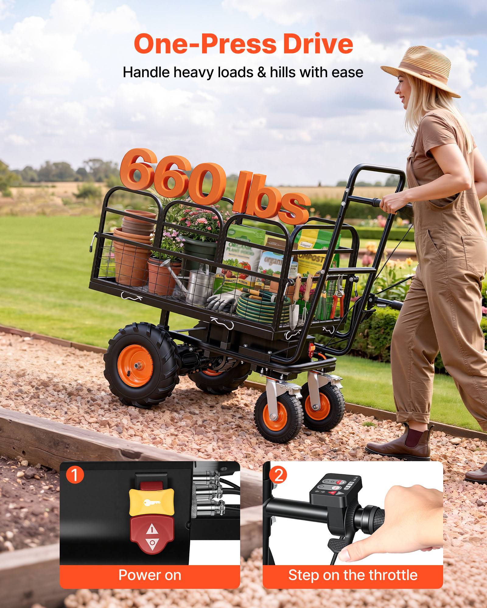 VEVOR Chariot Jardin Electrique 500W 300kg, Motorise Batterie 36V, Chassis Acier, 4 Roues Tout-terrain, Frein - Image 2
