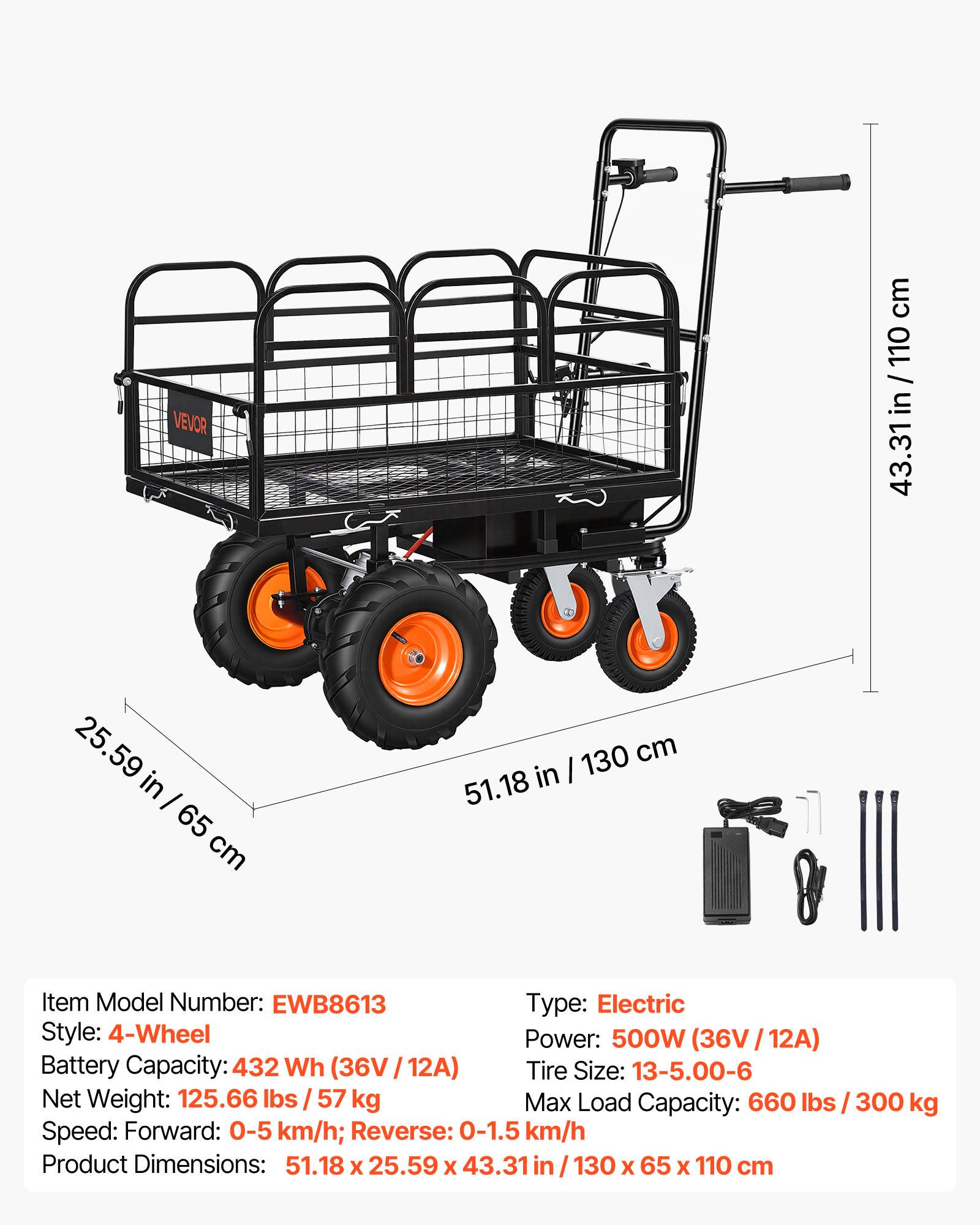 VEVOR Chariot Jardin Electrique 500W 300kg, Motorise Batterie 36V, Chassis Acier, 4 Roues Tout-terrain, Frein - Image 7