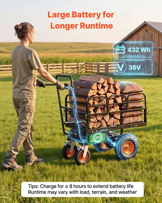 VEVOR Chariot Jardin Electrique 500W 300kg, Motorise Batterie 36V, Chassis Acier, 4 Roues Tout-terrain, Frein - Image 4