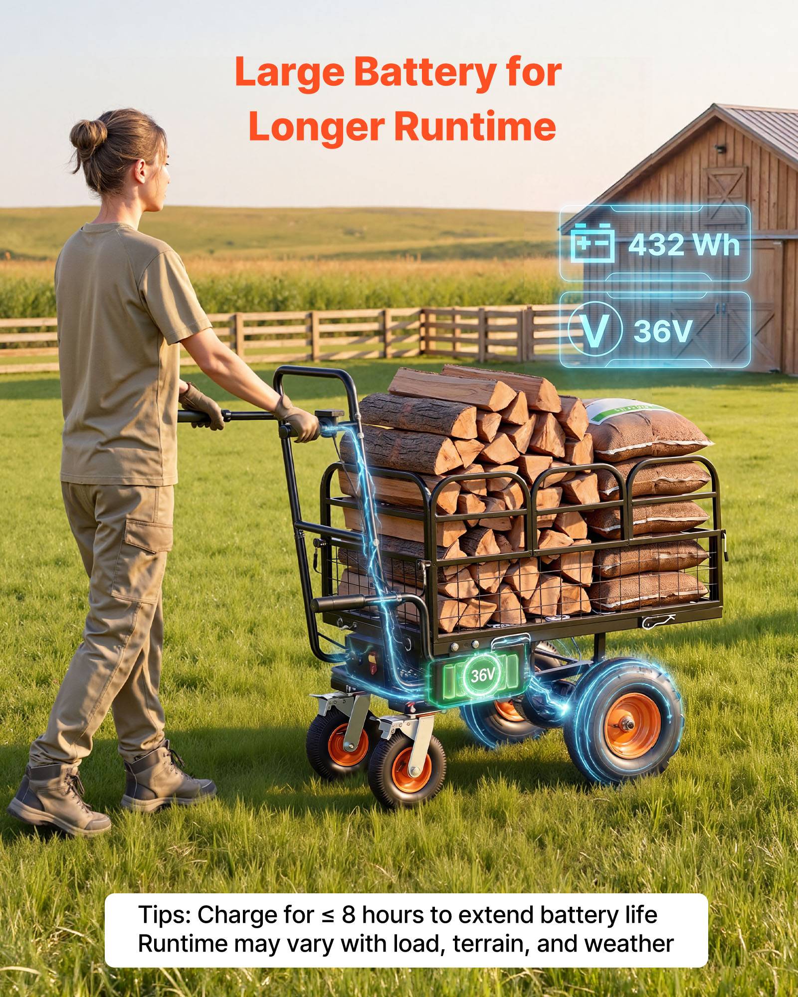 VEVOR Chariot Jardin Electrique 500W 300kg, Motorise Batterie 36V, Chassis Acier, 4 Roues Tout-terrain, Frein - Image 4