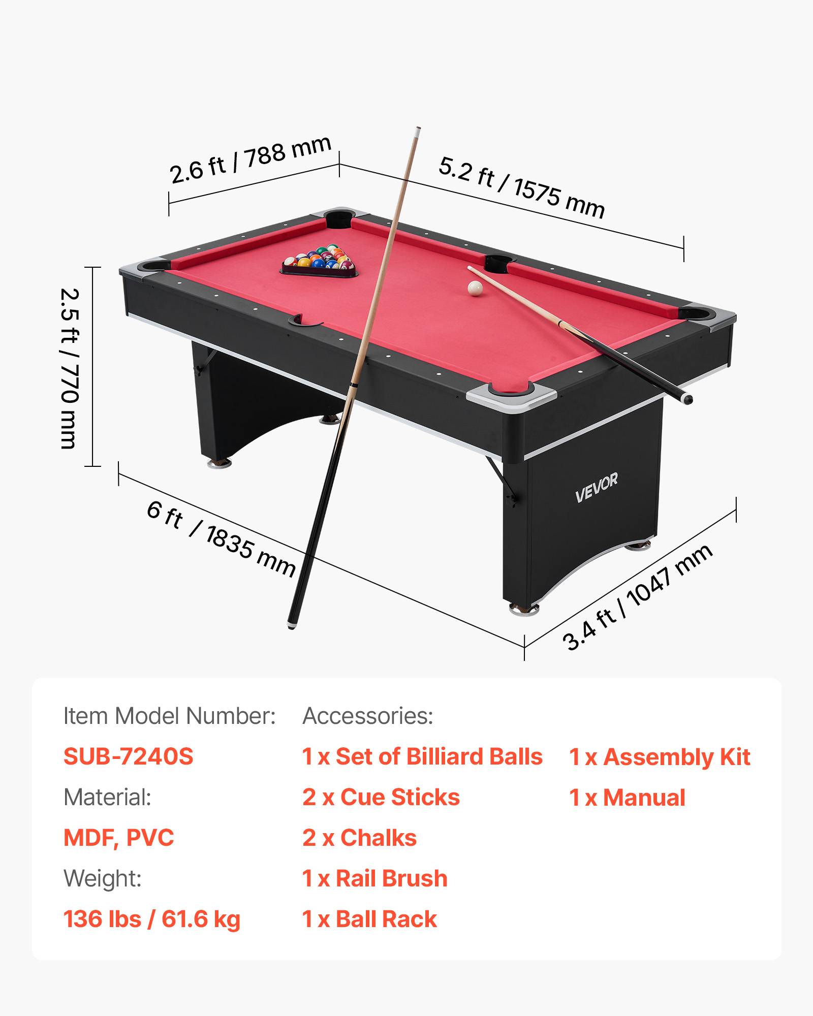Vevor - VEVOR Table de billard 1835 mm pour salle de jeux familiale noir et tissu rouge - Image 7
