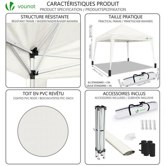 VOUNOT® Tonnelle de jardin 3x3m pliable avec sac de transport blanc - Image 3