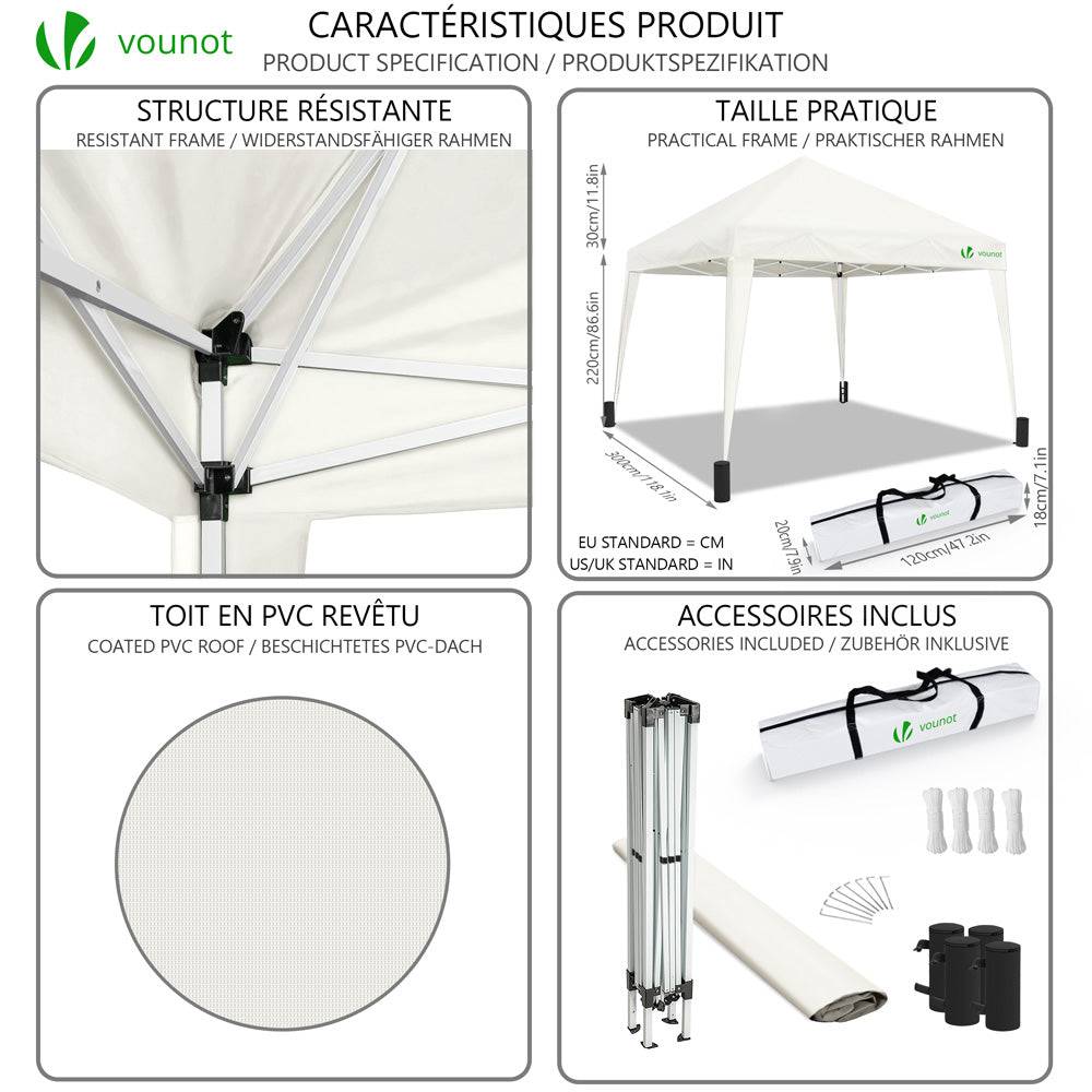 VOUNOT® Tonnelle de jardin 3x3m pliable avec sac de transport blanc - Image 3