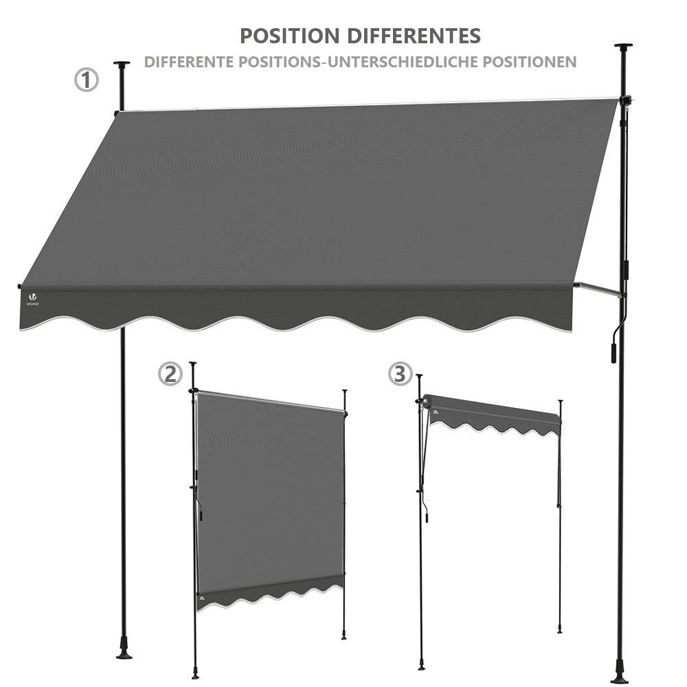 Auvent rétractable manuel sans perçage 250cm gris - Store banne hauteur et inclinaison réglable - VOUNOT® - Image 7