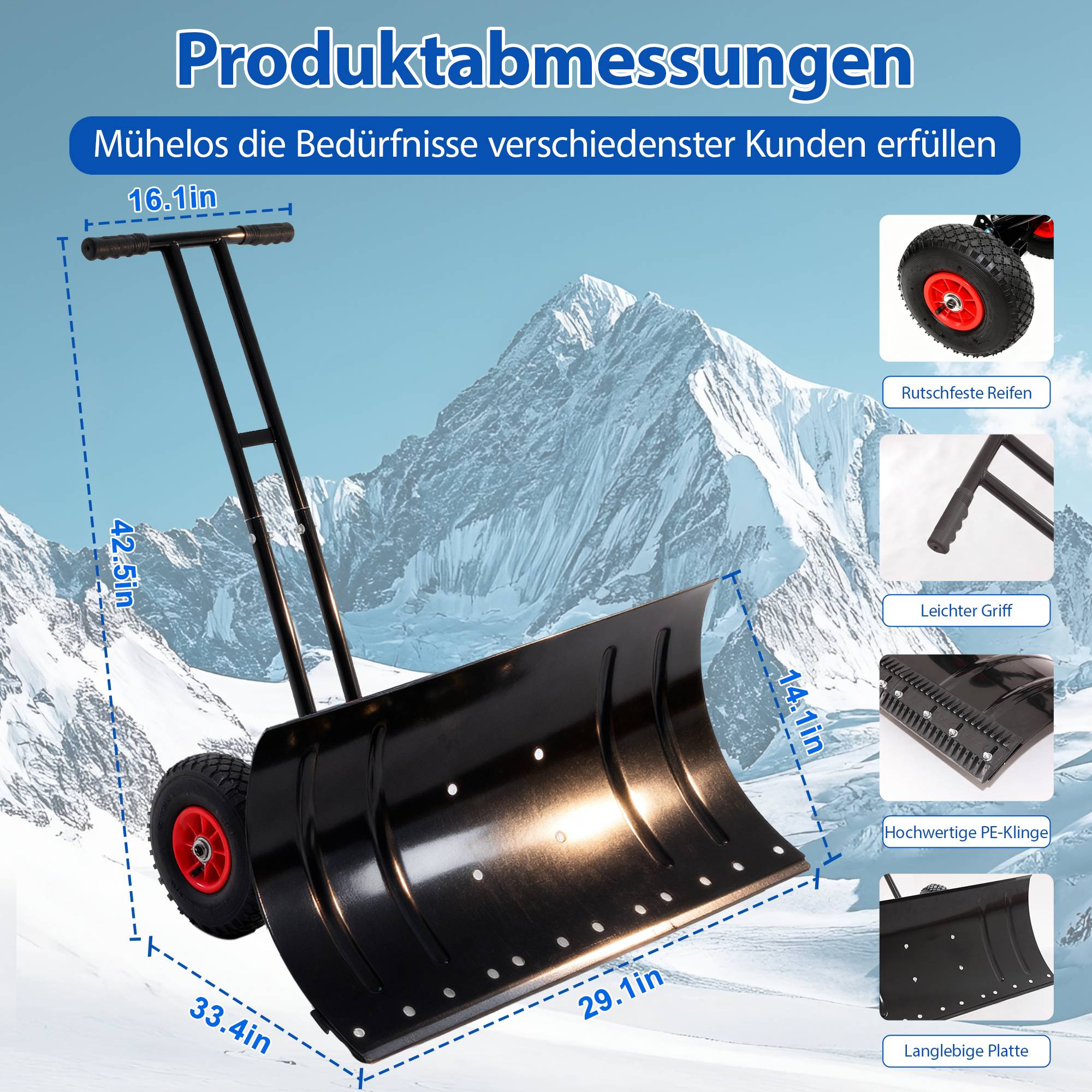 Pelle à neige poussoir à roulettes 74 cm en acier robuste réglable pour allée et jardin – ComfortXL Outdoor Living - Image 3