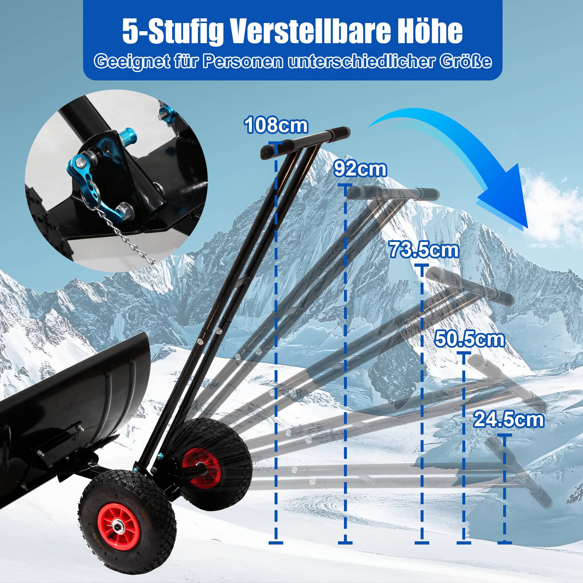 Pelle à neige poussoir à roulettes 74 cm en acier robuste réglable pour allée et jardin – ComfortXL Outdoor Living - Image 4