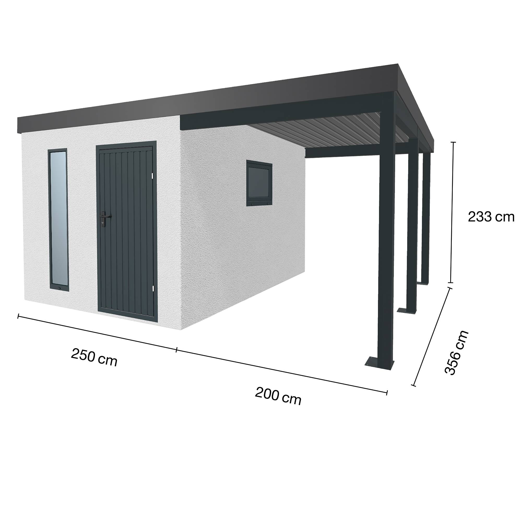 Abri de jardin en métal finition crépi 2500 x 3560 mm blanc avec auvent à droite 2000 x 3560 mm anthracite - Image 1