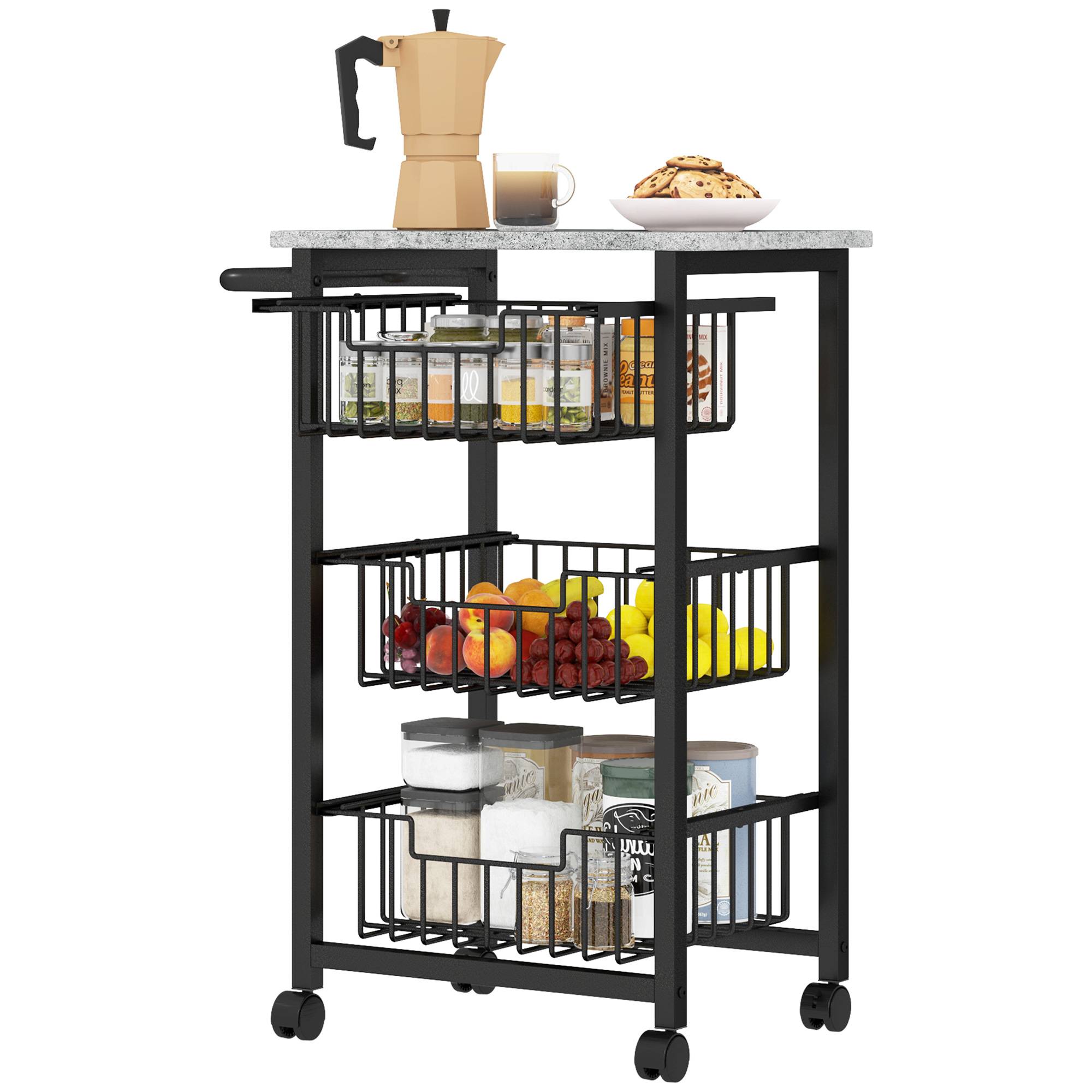Chariot de rangement à 4 niveaux, desserte à roulettes, 3 paniers coulissants et plateau, 49,5x31x69cm, gris clair noir - Image 2