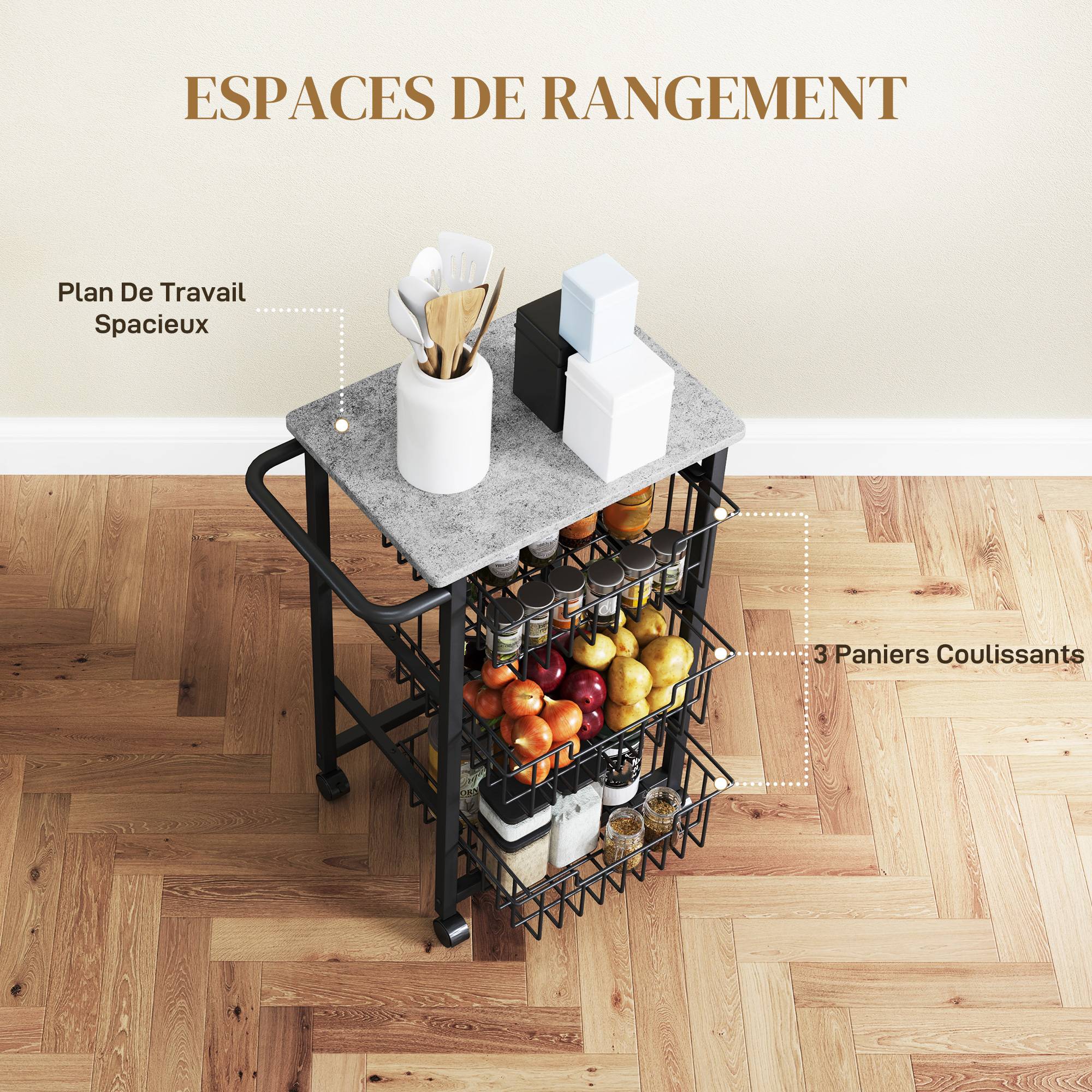 Chariot de rangement à 4 niveaux, desserte à roulettes, 3 paniers coulissants et plateau, 49,5x31x69cm, gris clair noir - Image 6