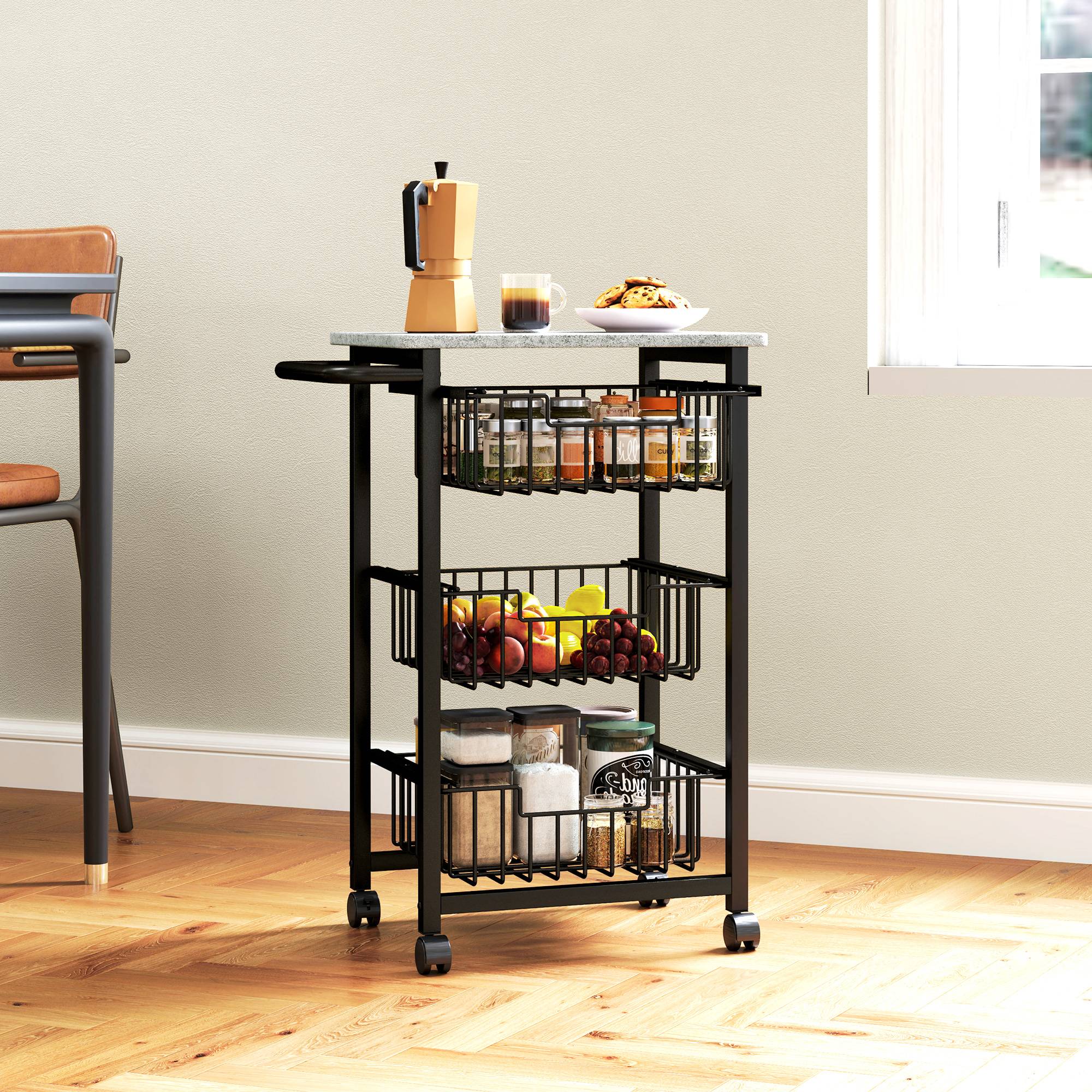 Chariot de rangement à 4 niveaux, desserte à roulettes, 3 paniers coulissants et plateau, 49,5x31x69cm, gris clair noir - Image 9
