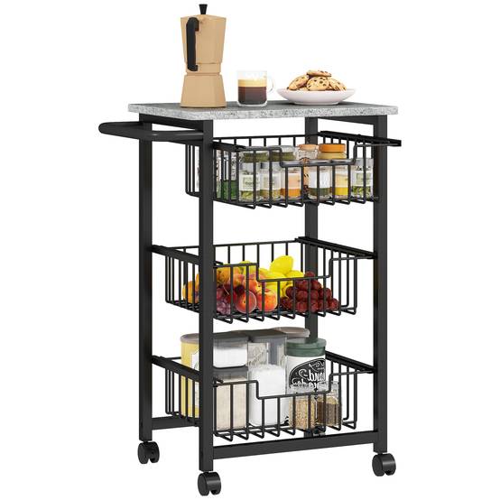Chariot de rangement à 4 niveaux, desserte à roulettes, 3 paniers coulissants et plateau, 49,5x31x69cm, gris clair noir - Image 1