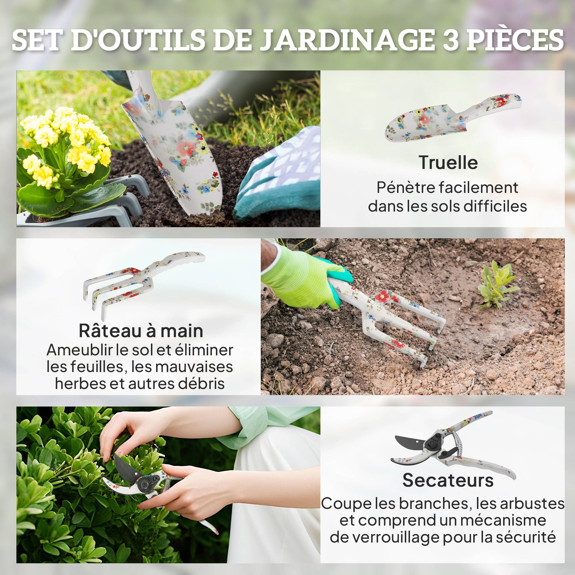 ComfortXL - Kit outils jardinage aluminium multicolore 3 pièces taille plantation entretien - ComfortXL Outdoor Living - Image 5