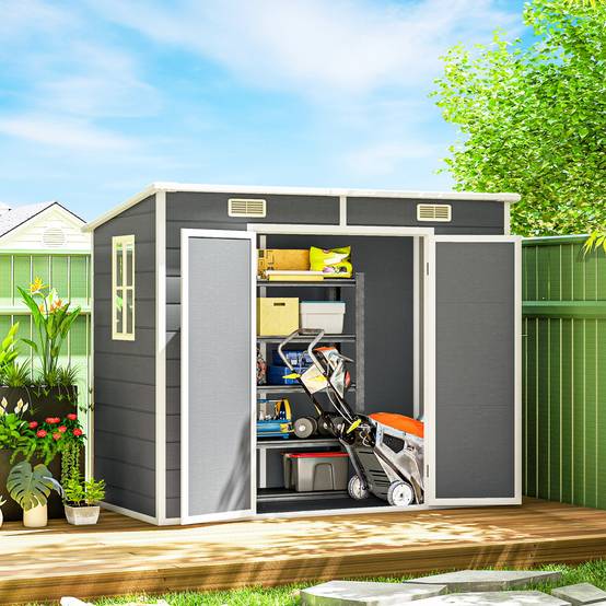 Sans Marque - Abri jardin 2,4x1,3 m plastique plancher fenêtre portes verrouillables jardin terrasse gris - Image 4