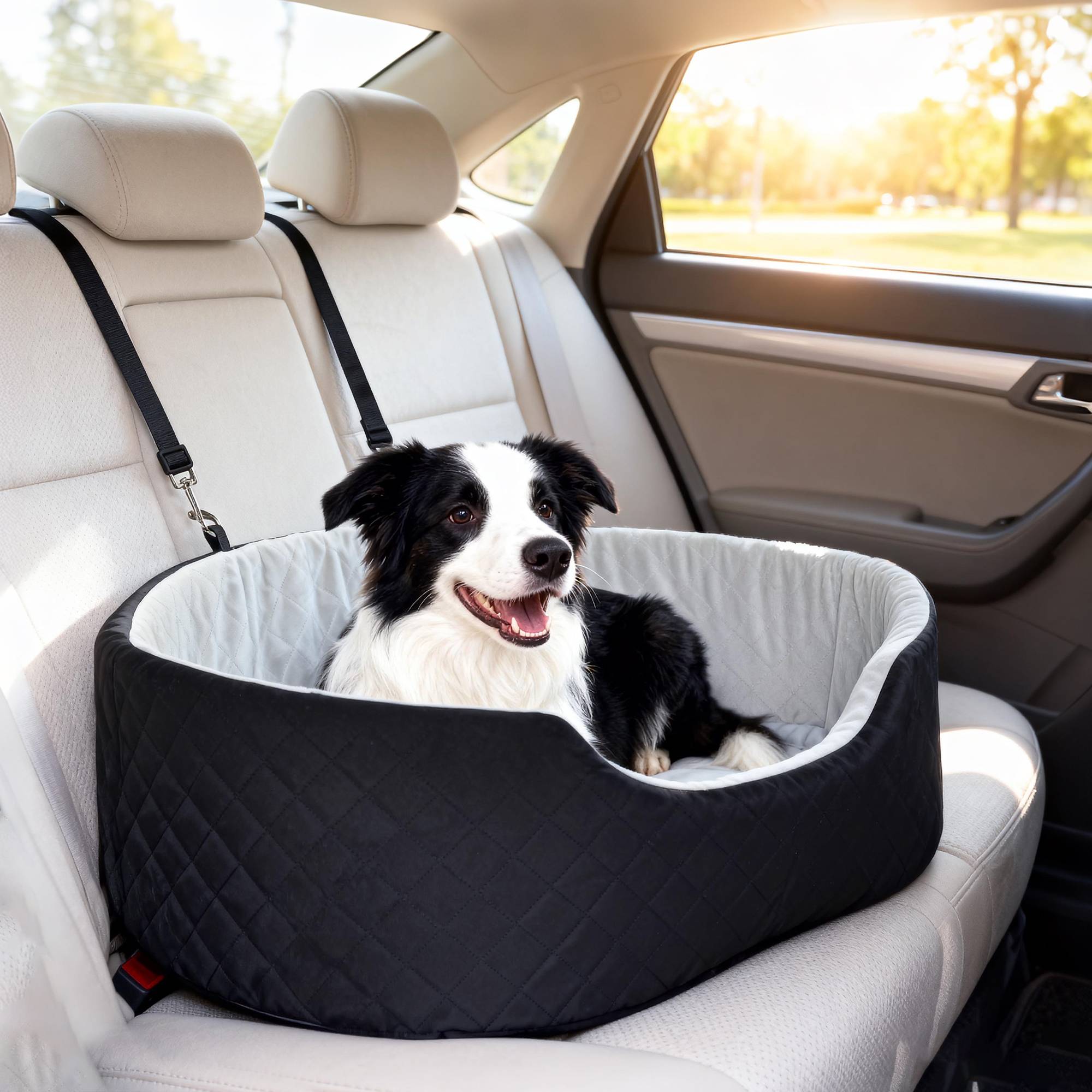 Siège auto pour chiens de petite et moyenne taille jusqu'à 15 kg, avec housse amovible et lavable, base antidérapante, noir. - Image 3