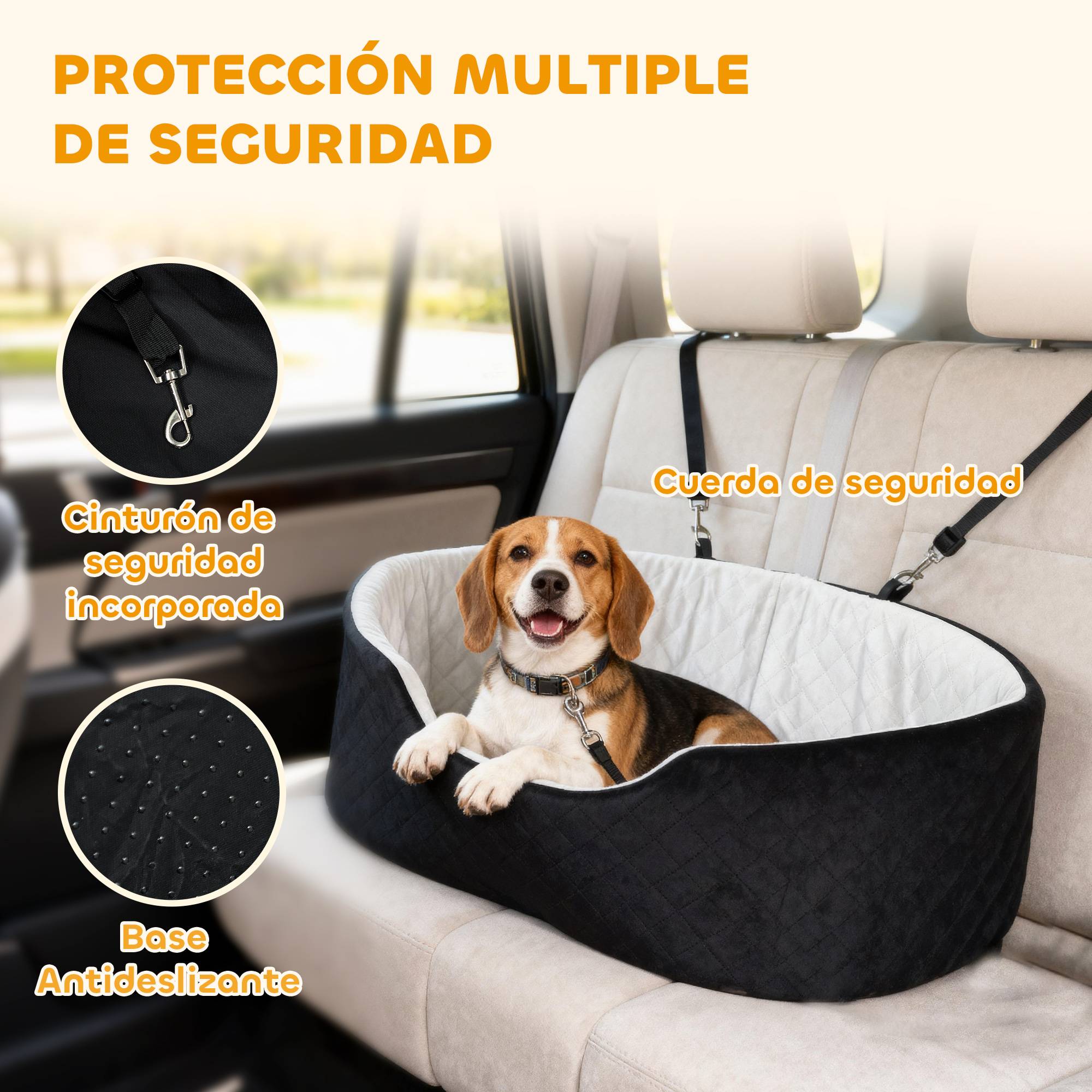 Siège auto pour chiens de petite et moyenne taille jusqu'à 15 kg, avec housse amovible et lavable, base antidérapante, noir. - Image 6