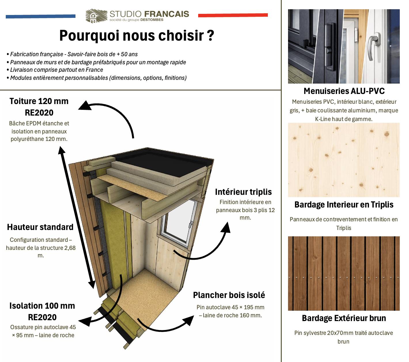 Studio de jardin RE2020 en bois 7,7 x 4,6 x 2,7 m / isolation RE2020 avec plancher isolé avec mezzanine et terrasse - Image 3