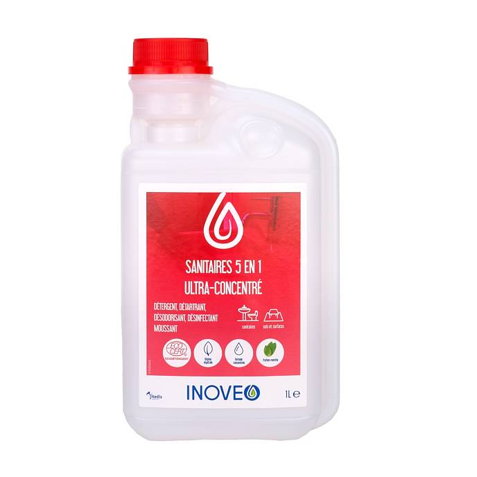 Inoveo Détergent Sanitaires ultyra Concentré 5en1 ecocert - Lot de 3 Colis de 6 Flacons de 1L - Pollet Sa