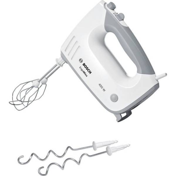 Bosch - Batteur Fouet Electrique  ErgoMixx 450 W - BOSCH MFQ36400 blanc/gris - 5 vitesses+turbo - 2 fouets inox - 2 crochets pétrisseurs inox - - Image 1