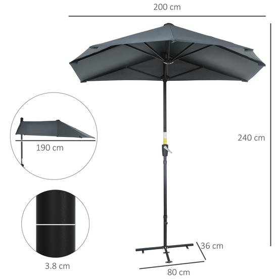 Demi Parasol Semicirculaire Acier Balcon Toile Anti-UV Manivelle 200x190 cm Gris - ComfortXL Outdoor Living - Image 5