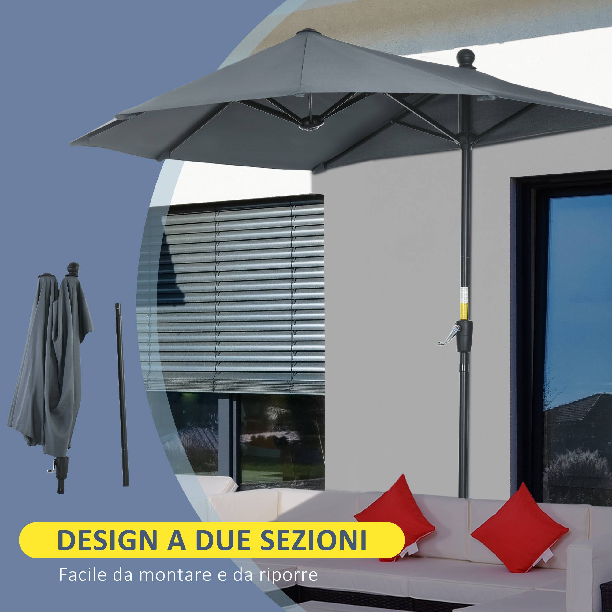 Demi Parasol Semicirculaire Acier Balcon Toile Anti-UV Manivelle 200x190 cm Gris - ComfortXL Outdoor Living - Image 8