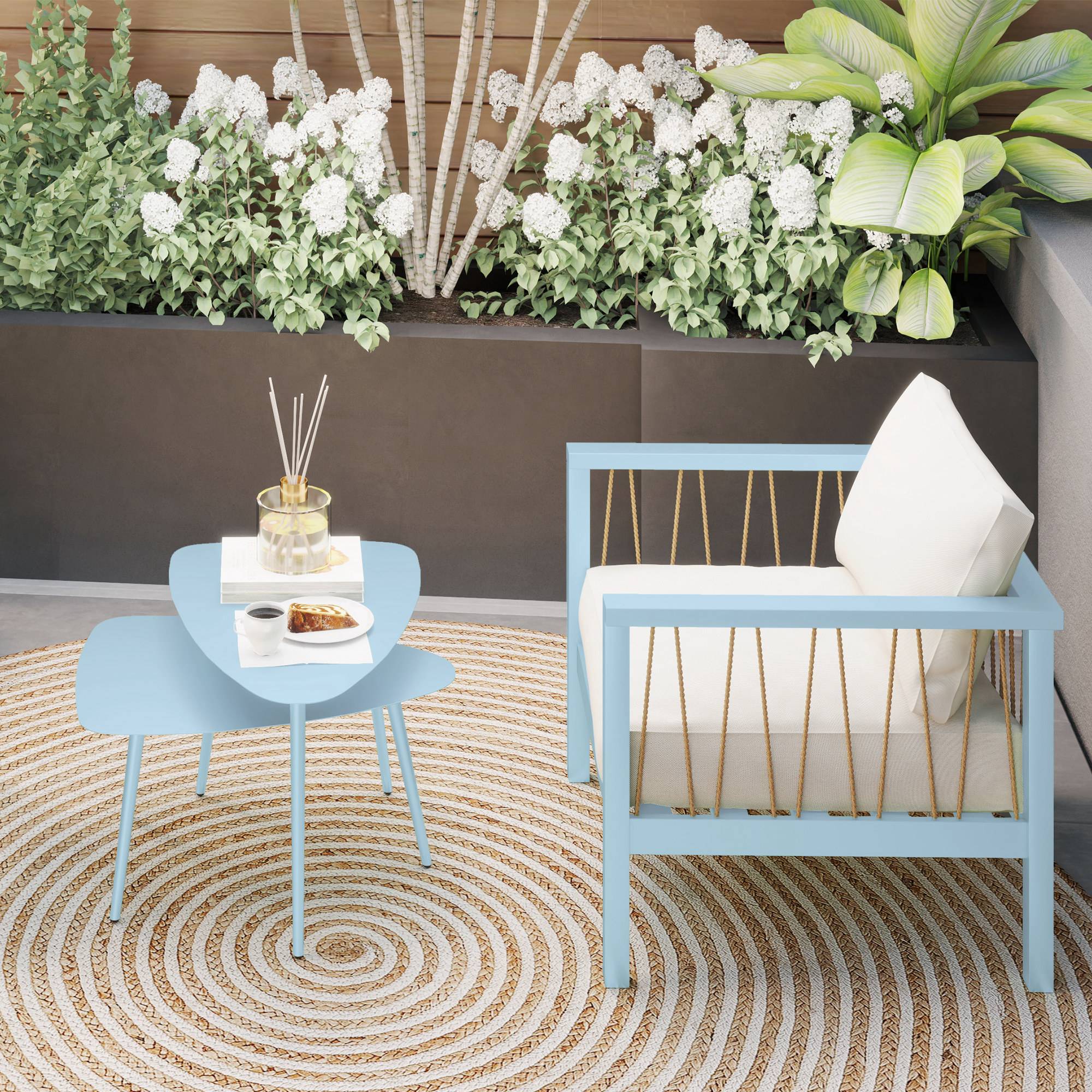 Lot de 2 tables basses de jardin, tables d'appoint gigognes triangulaires, cadre en acier patins ajustables bleu clair - Image 9