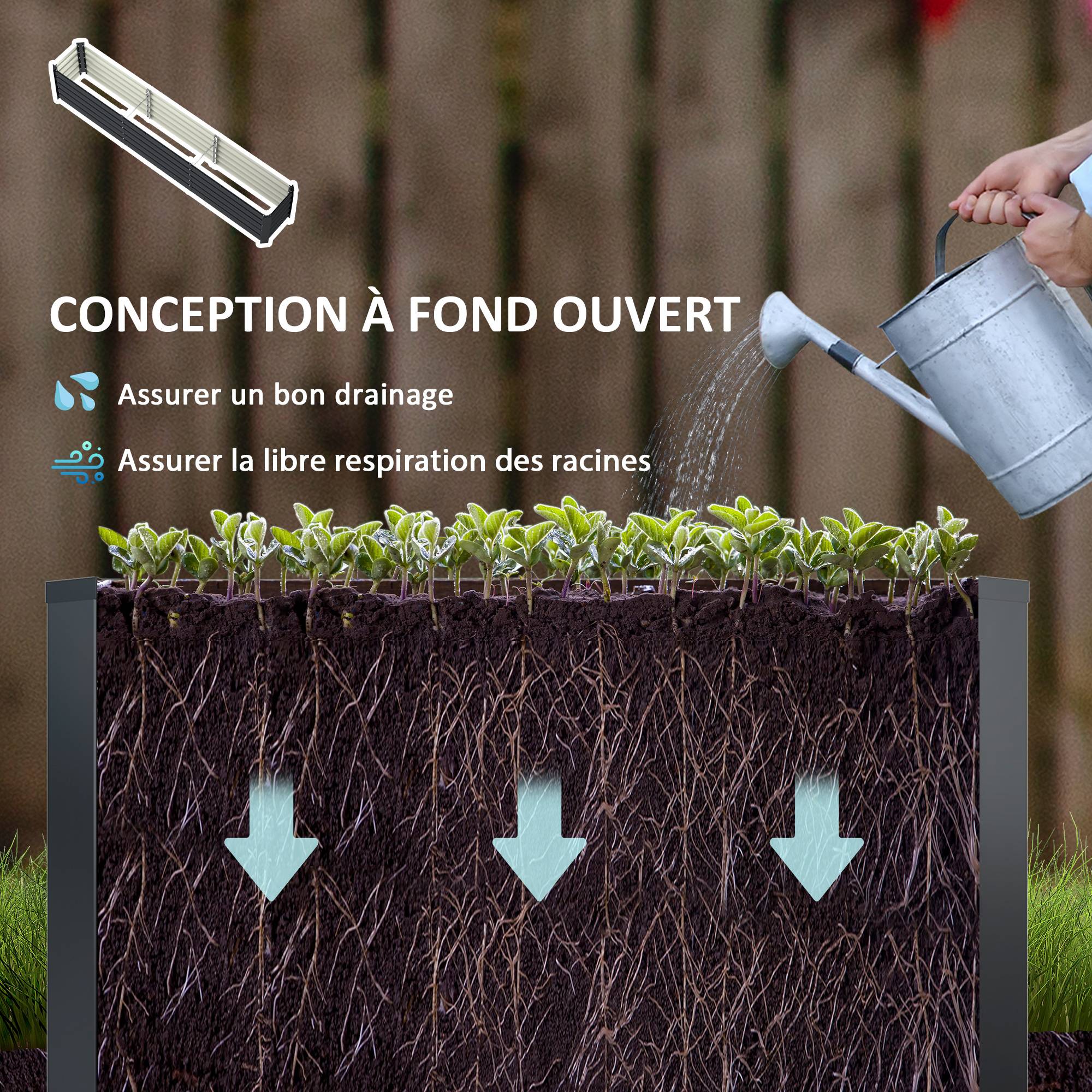 Carré potager surélevé acier galvanisé jardin racines profondes fond ouvert 240x45cm gris - ComfortXL Outdoor Living - Image 8