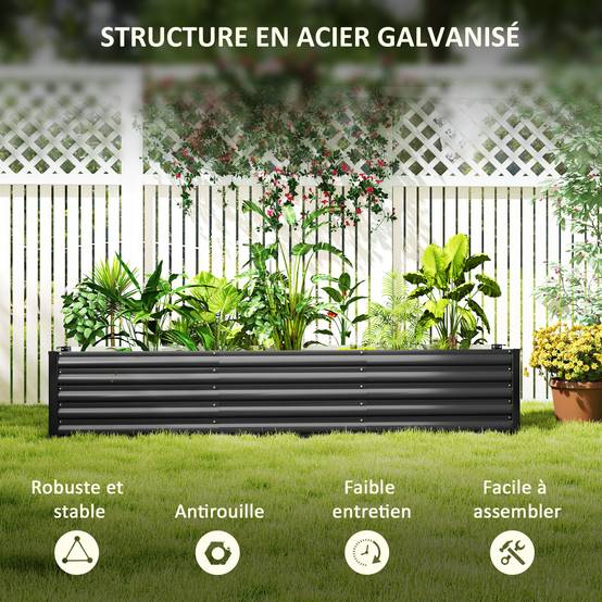 Carré potager surélevé acier galvanisé jardin racines profondes fond ouvert 240x45cm gris - ComfortXL Outdoor Living - Image 7