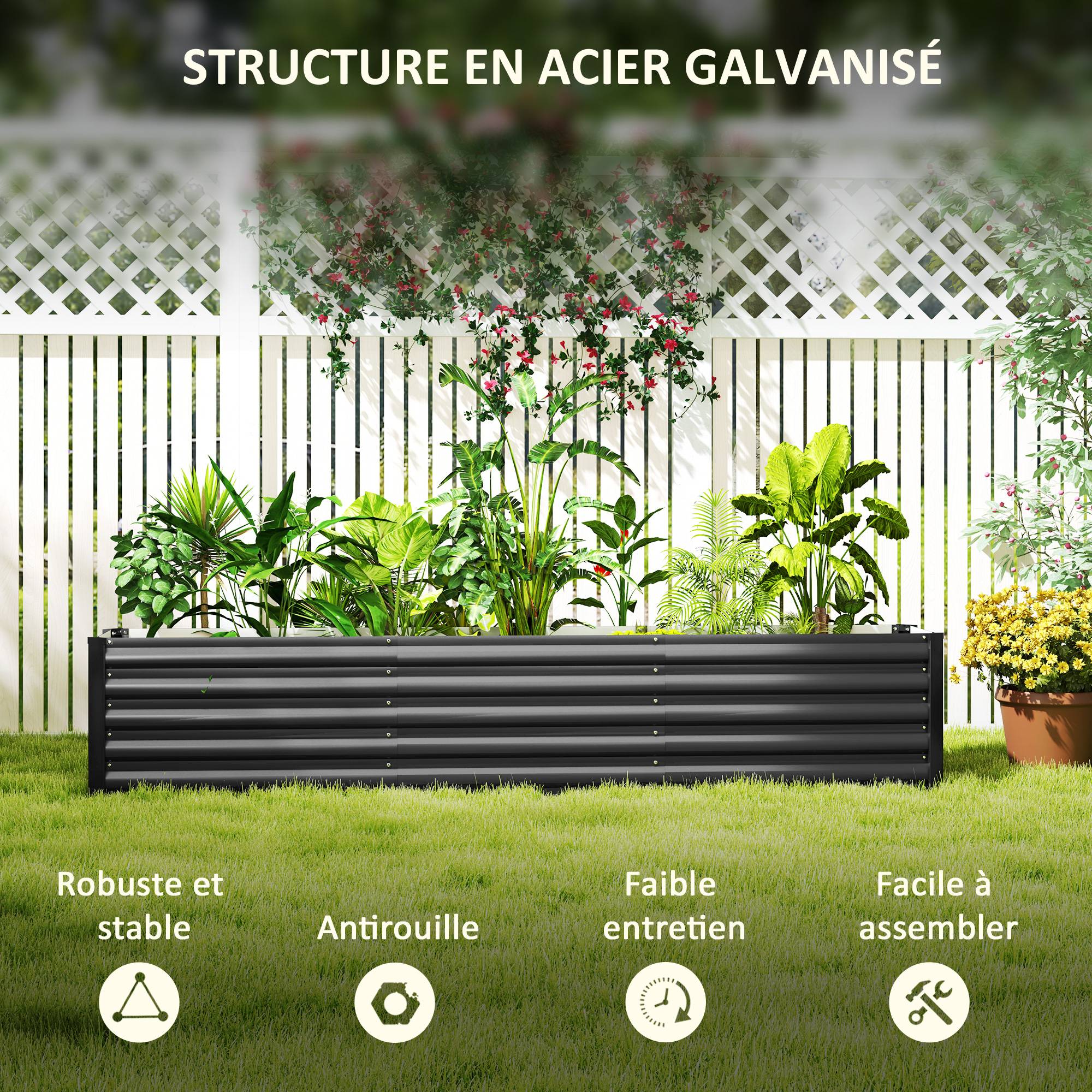 Carré potager surélevé acier galvanisé jardin racines profondes fond ouvert 240x45cm gris - ComfortXL Outdoor Living - Image 7