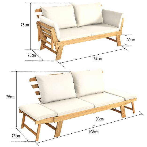 Helloshop26 - Chaise longue convertible avec coussin canapé de jardin 2 en 1 en bois d’acacia avec accoudoir réglable pour patio piscine jardin blanc - Image 5