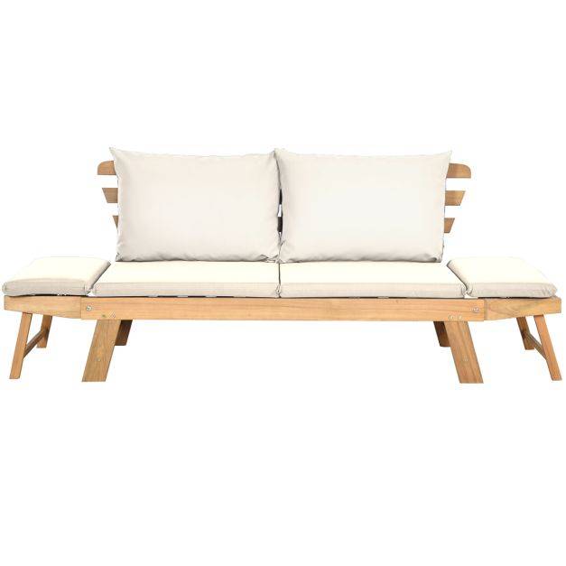 Helloshop26 - Chaise longue convertible avec coussin canapé de jardin 2 en 1 en bois d’acacia avec accoudoir réglable pour patio piscine jardin blanc - Image 2