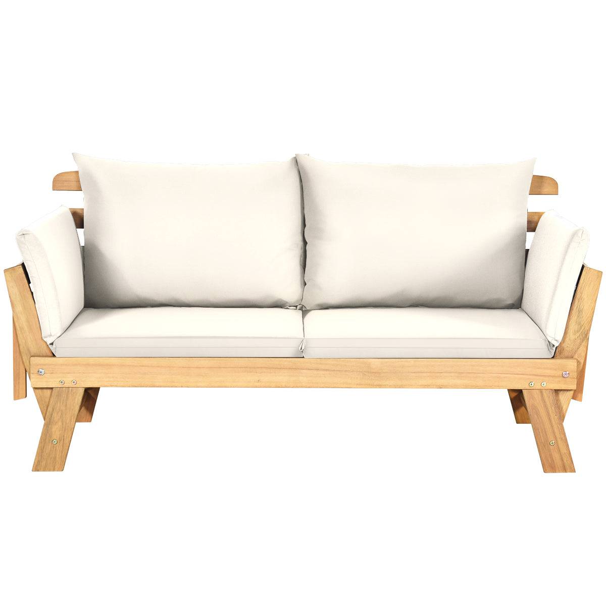 Helloshop26 - Chaise longue convertible avec coussin canapé de jardin 2 en 1 en bois d’acacia avec accoudoir réglable pour patio piscine jardin blanc - Image 1