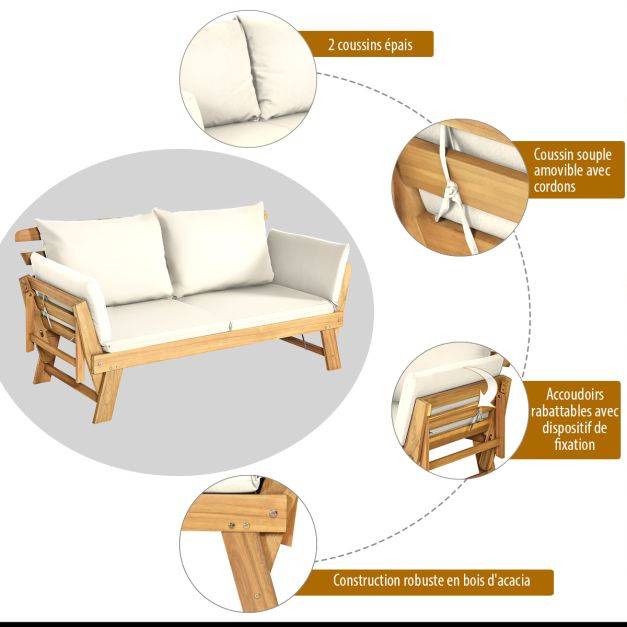 Helloshop26 - Chaise longue convertible avec coussin canapé de jardin 2 en 1 en bois d’acacia avec accoudoir réglable pour patio piscine jardin blanc - Image 4