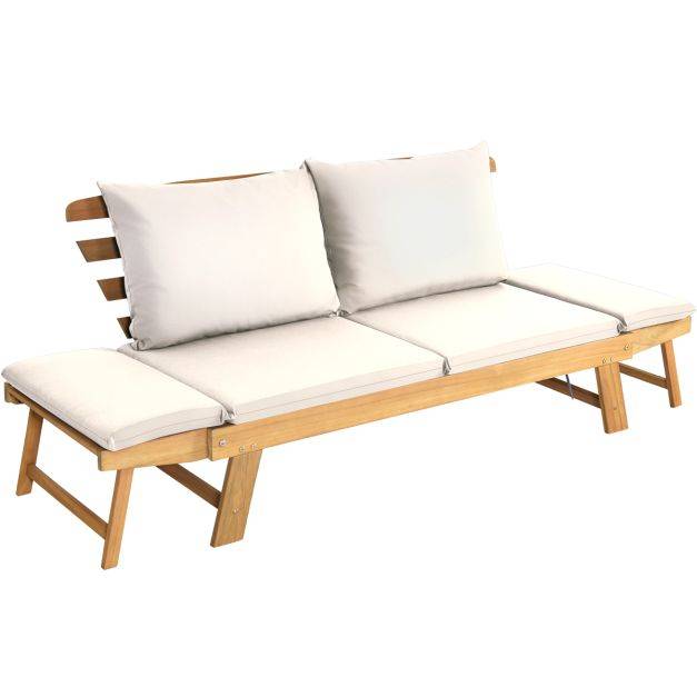 Helloshop26 - Chaise longue convertible avec coussin canapé de jardin 2 en 1 en bois d’acacia avec accoudoir réglable pour patio piscine jardin blanc - Image 3