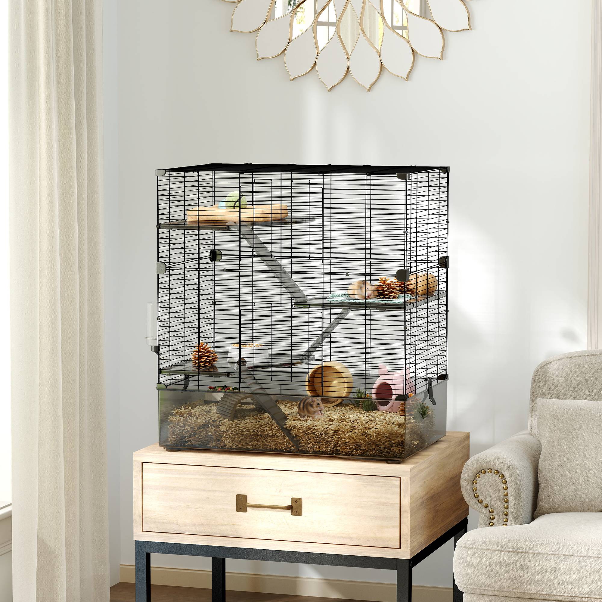 Cage rongeurs Acier PET Furets chinchillas Multiniveau accessoires 73x47x80cm Noir - ComfortXL Outdoor Living - Image 4