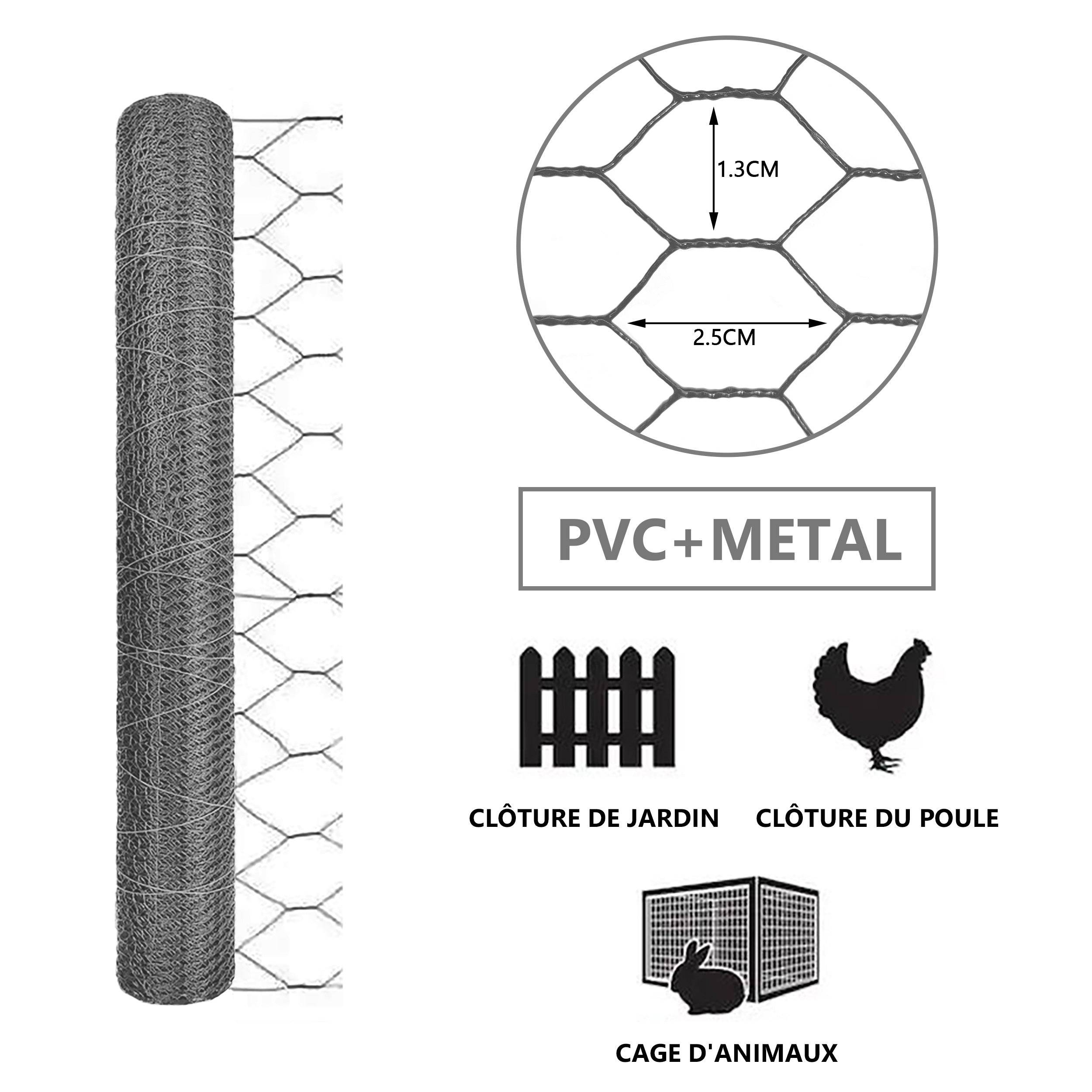 VOUNOT® Grillage métallique gainé de PVC gris - Maille 13mm - 1x25M - Filet de clôture pour poulailler - Image 6