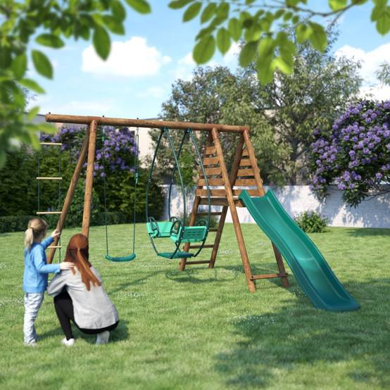 Soulet - Portique en bois rond 3 agrès avec face à face, échelle et toboggan LAVANDE - Image 3