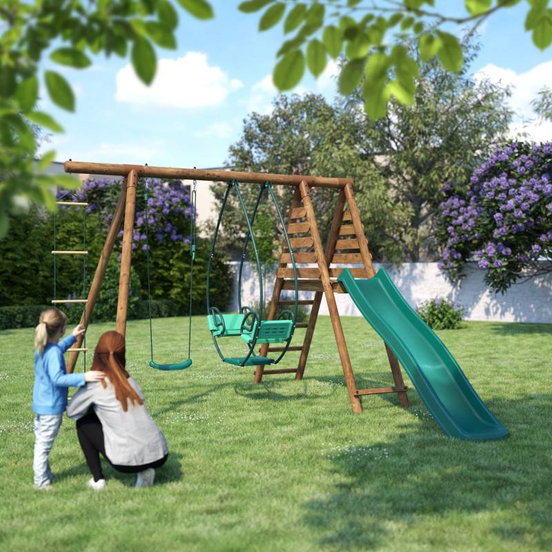 Soulet - Portique en bois rond 3 agrès avec face à face, échelle et toboggan LAVANDE - Image 3