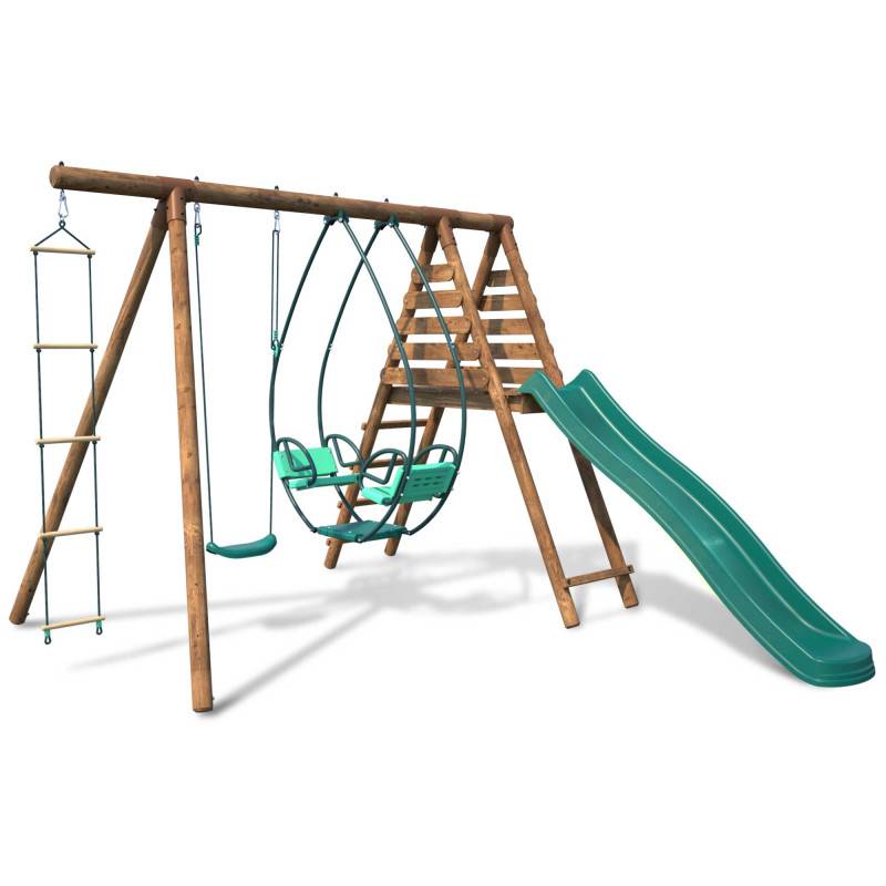 Soulet - Portique en bois rond 3 agrès avec face à face, échelle et toboggan LAVANDE - Image 1