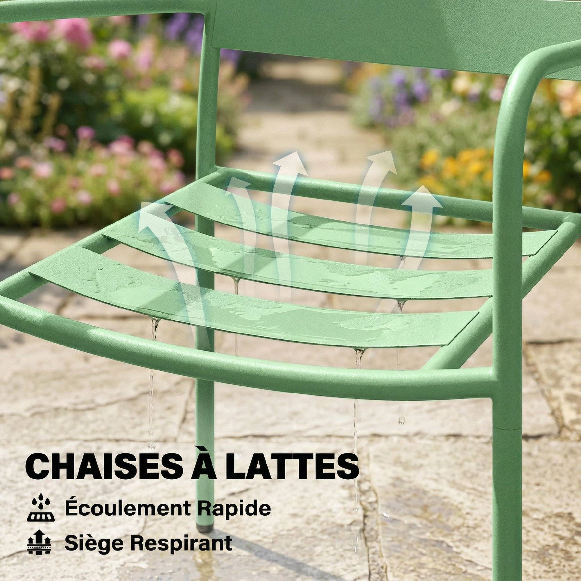 Ensemble bistrot de jardin 3 pièces - table basse en verre trempé et 2 chaises à lattes, cadre en acier galvanisé, vert - Image 8