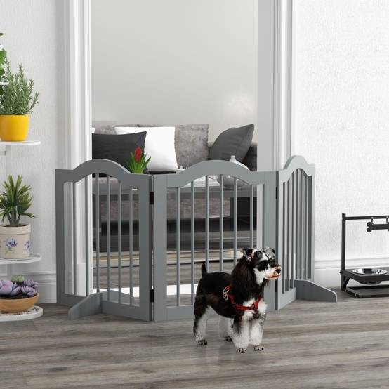 Barrière de sécurité chien bois pour maison pliable autoportante 154x61cm gris clair - ComfortXL Outdoor Living - Image 1