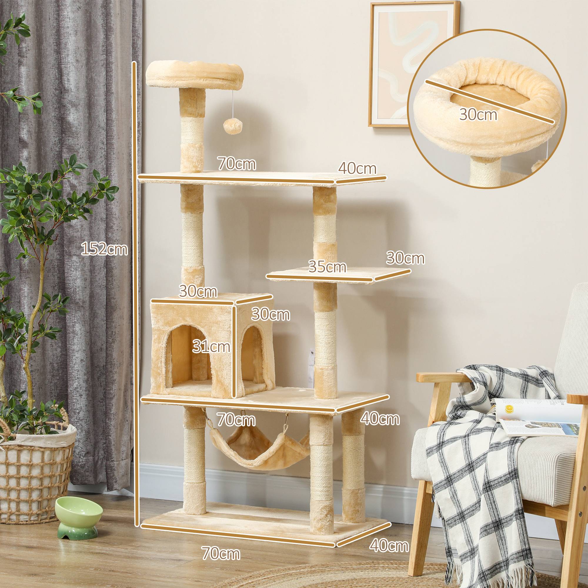 arbre à chat beige géant 70x40x152 cm plateformes hamac poteaux sisal chat intérieur spacieux stable griffoir - Image 5