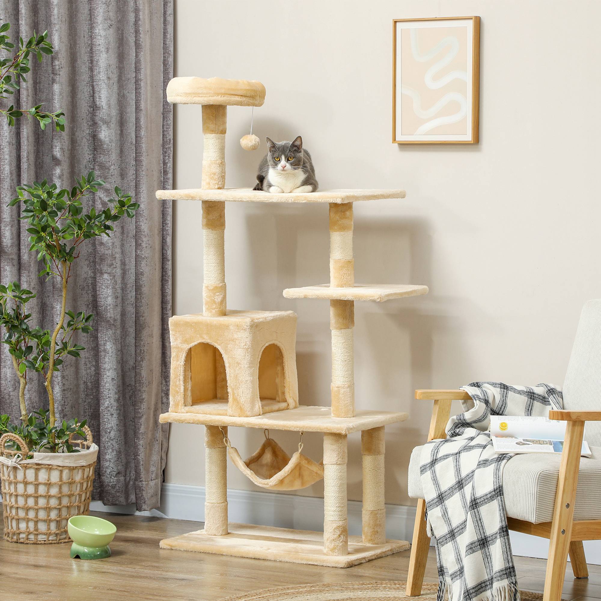 arbre à chat beige géant 70x40x152 cm plateformes hamac poteaux sisal chat intérieur spacieux stable griffoir - Image 4