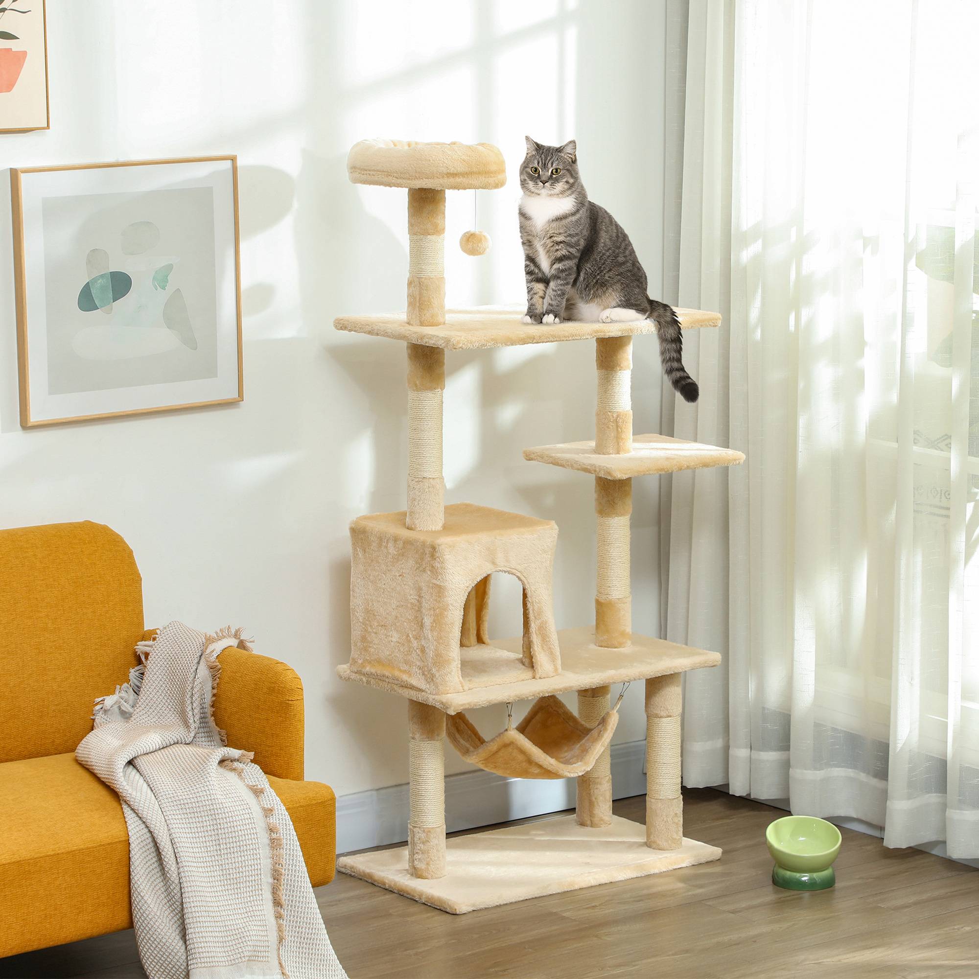 arbre à chat beige géant 70x40x152 cm plateformes hamac poteaux sisal chat intérieur spacieux stable griffoir - Image 3