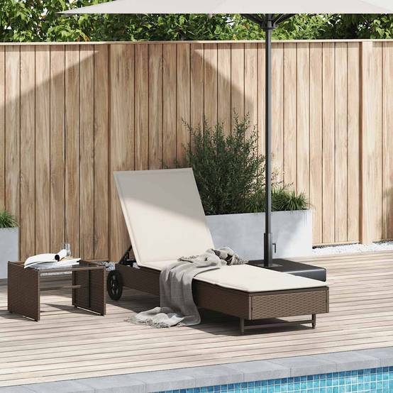 Chaise longue | Transat | Bain de soleil avec roues et coussin marron résine tressée - Image 2