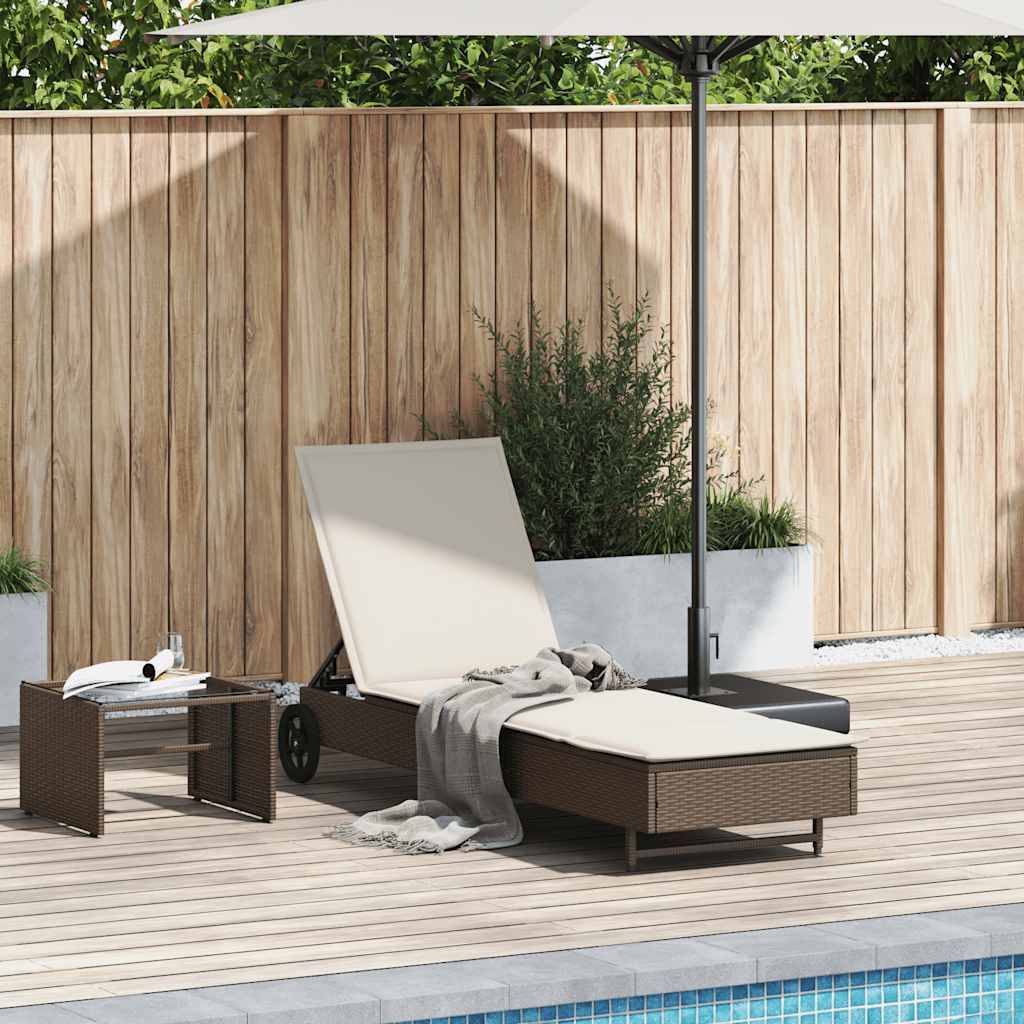 Chaise longue | Transat | Bain de soleil avec roues et coussin marron résine tressée - Image 2