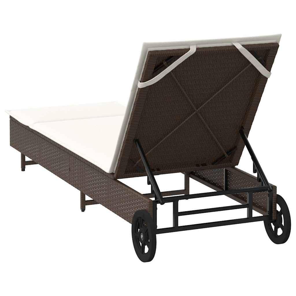 Chaise longue | Transat | Bain de soleil avec roues et coussin marron résine tressée - Image 8