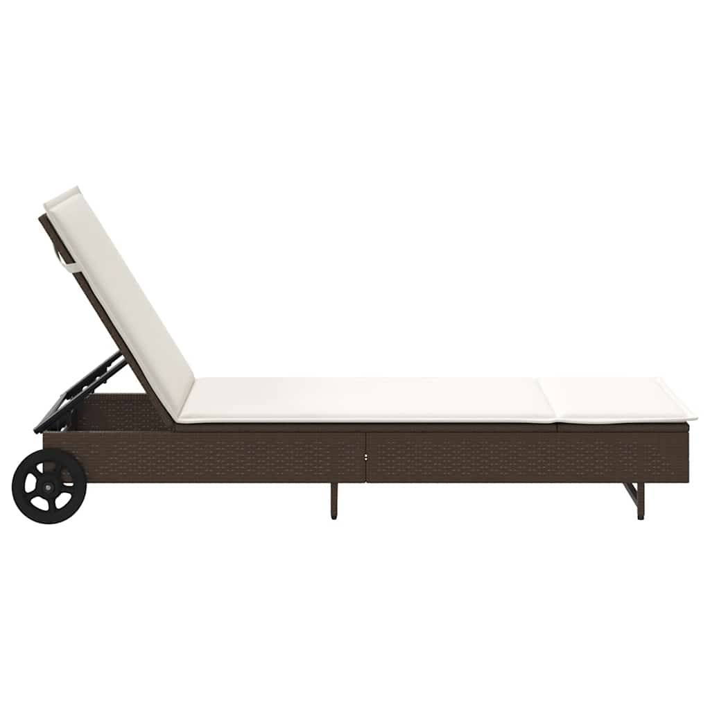 Chaise longue | Transat | Bain de soleil avec roues et coussin marron résine tressée - Image 7