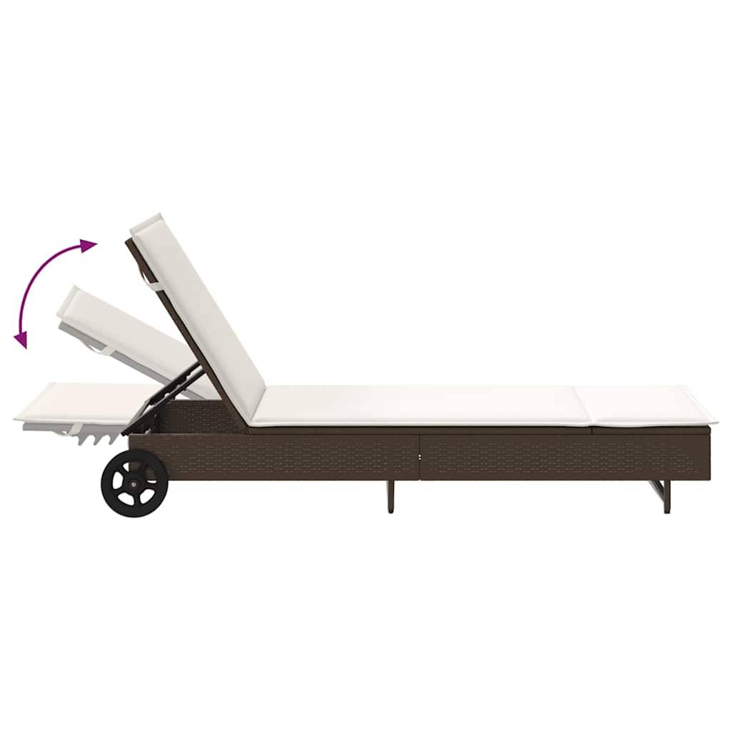 Chaise longue | Transat | Bain de soleil avec roues et coussin marron résine tressée - Image 9